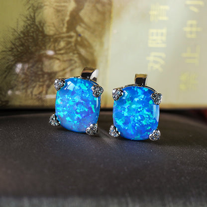 Women's Exquisite Oval‑Shape Heart‑Prong Zirconia Blue / White Opal Stud Earrings, with White Gold Plating