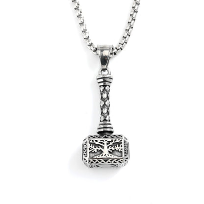 Men's Steel Hollow Tree Of Life Thor Hammer Pendant Necklace