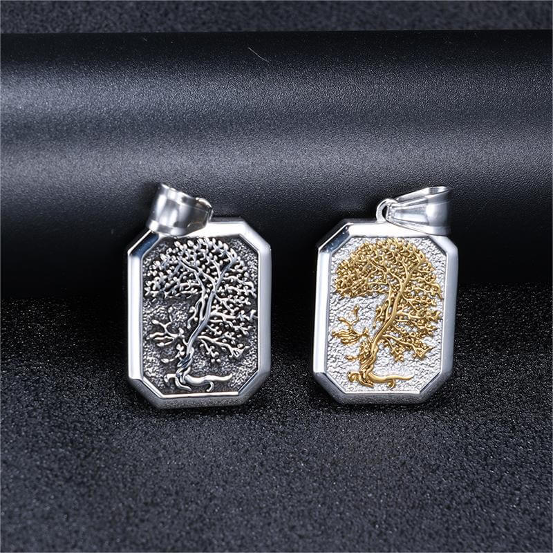 Men's Steel Two Tone Tree of Life Square Tag Pendant Necklace