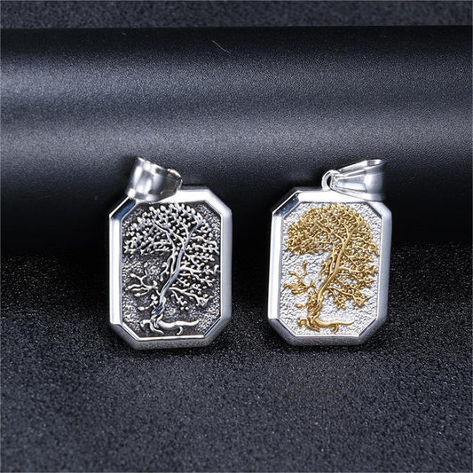 Men's Steel Two Tone Tree of Life Square Tag Pendant Necklace