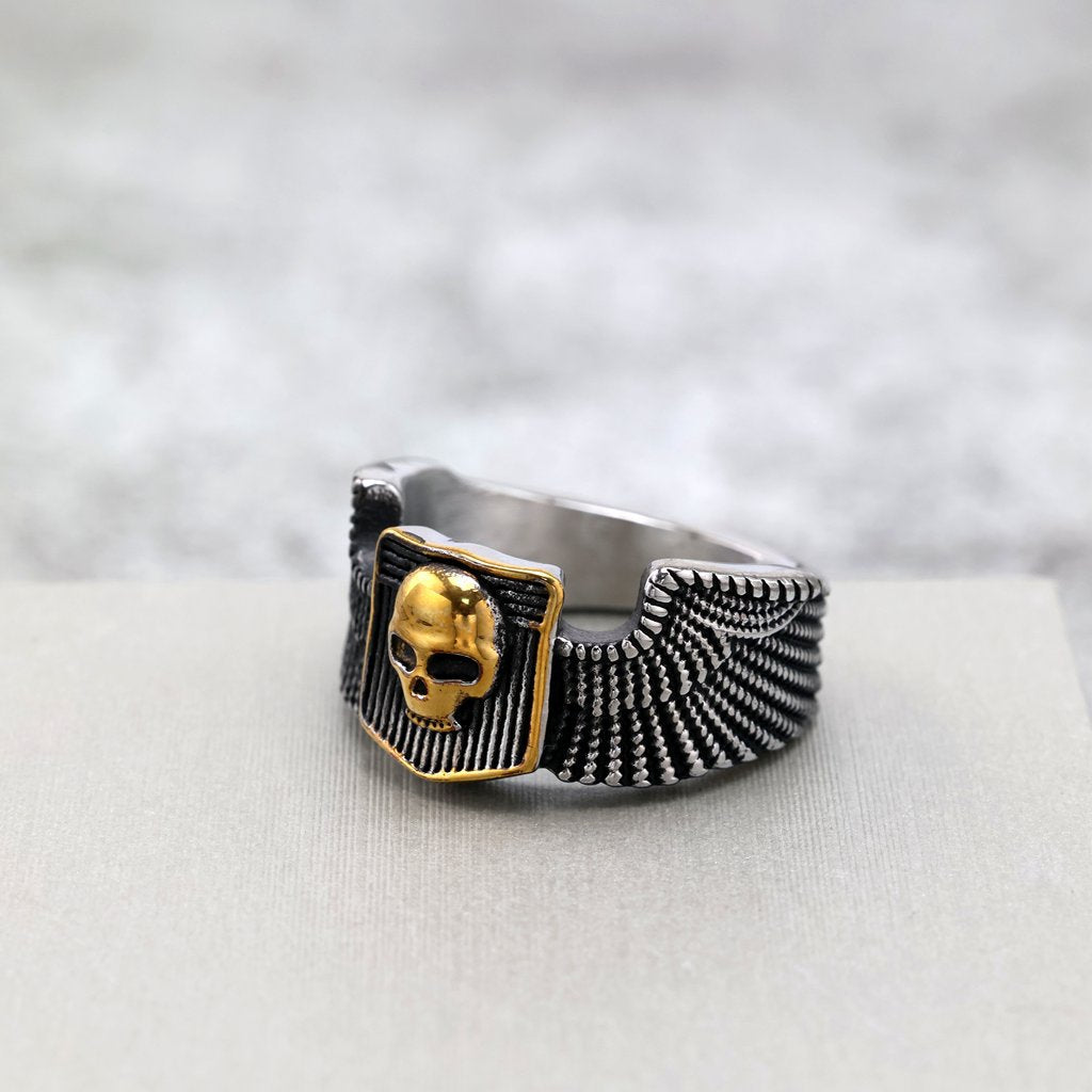 Vintage Solid Stainless Steel Wing Carved Halloween Skull Ring for Men