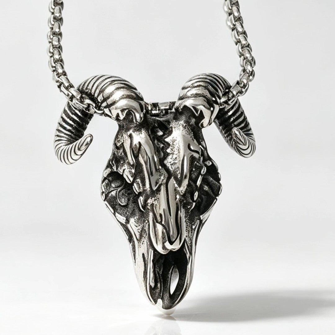 Men's Steel Ram Skull Pendant Necklace