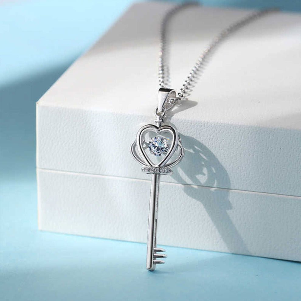 Women's White Gold Crown Key Shape Beating Heart Mossanite Pendant