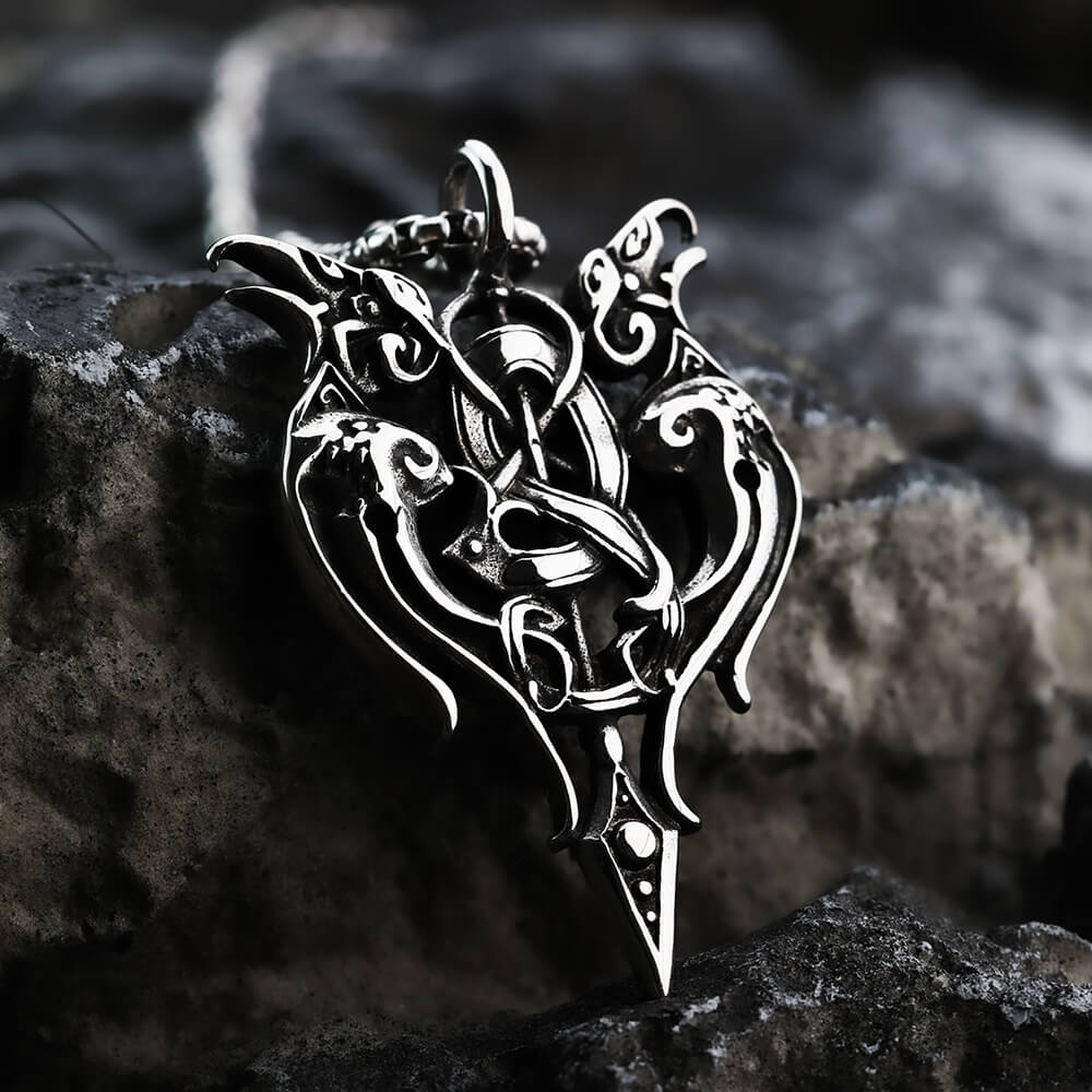 Vintage Antique Oxidized Stainless Steel Men's Norse Viking Twin Raven Celtic Knot Hollow Pendant Necklace