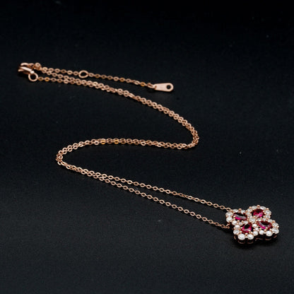 Women's Sterling Silver Hollow Four-leaf Clover Ruby Sapphire Pendant