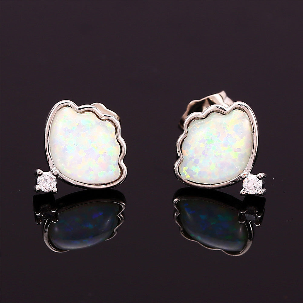 Women's Shell‑Shape Opal With Zirconia Accent Stud Earrings, with White Gold Plating
