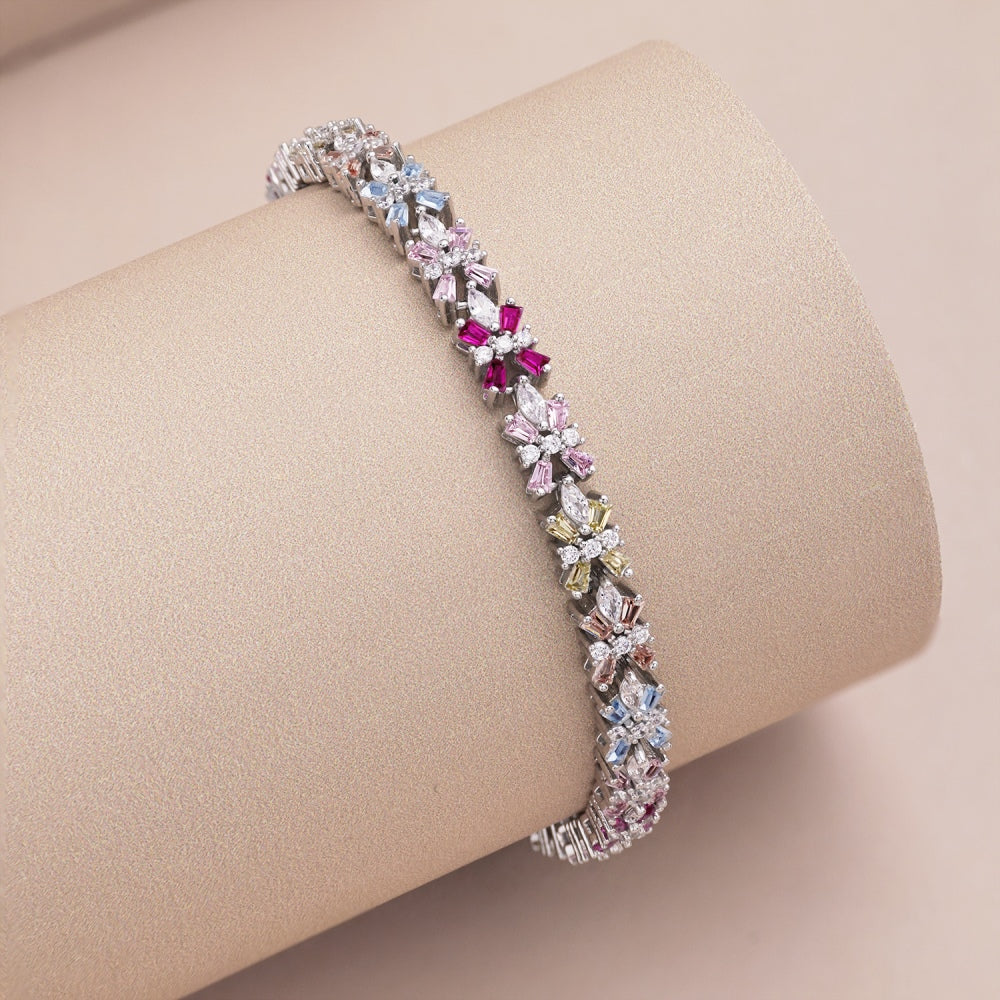 Women's High‑End Tennis Bracelet, Multicolor Marquise Zirconia Flower Design Inlay, S925 with White Gold Plating