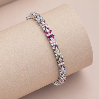 Women's High‑End Tennis Bracelet, Multicolor Marquise Zirconia Flower Design Inlay, S925 with White Gold Plating