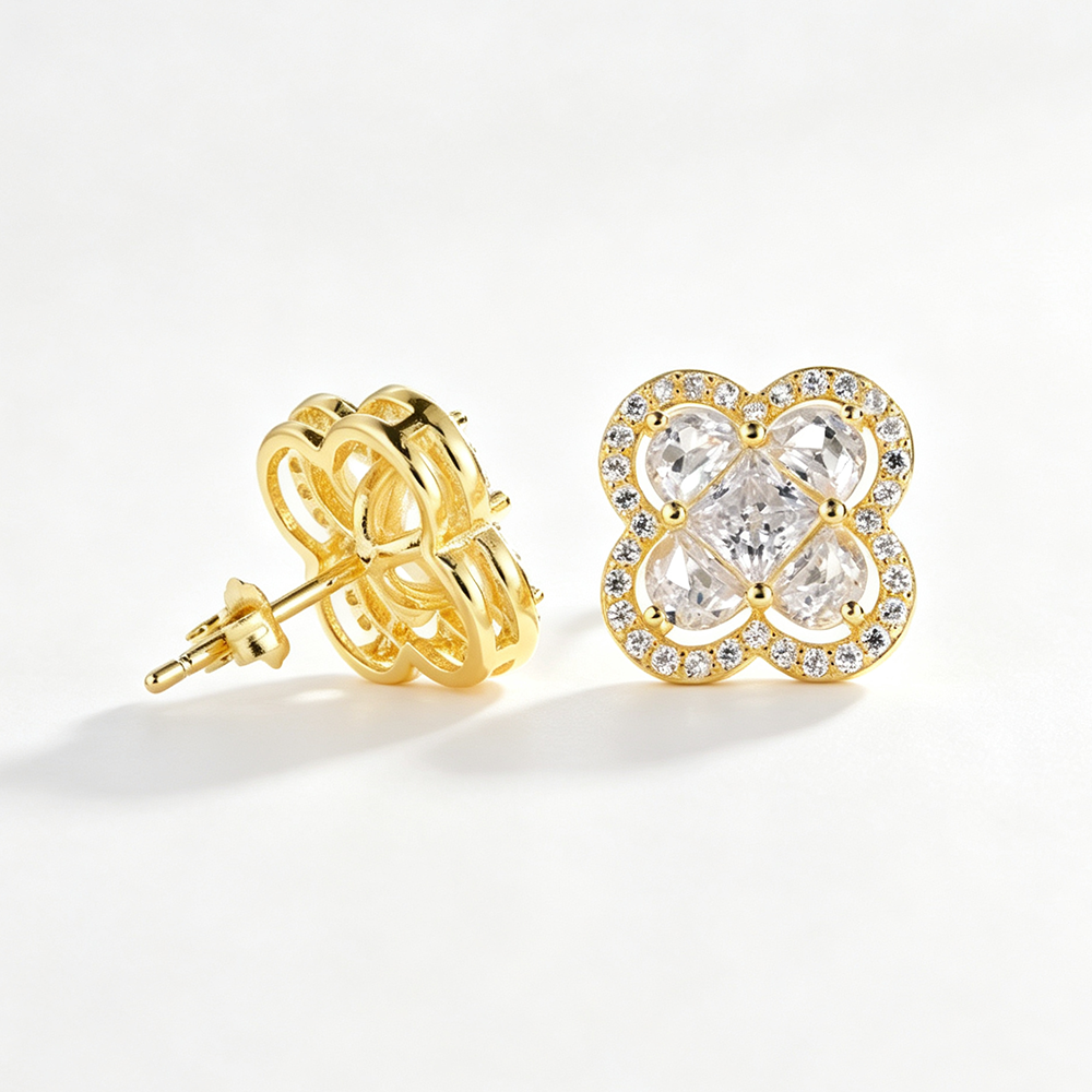 Women's Clover Halo Stud Earrings, Clear Zirconia, S925 with 18K Gold Plating