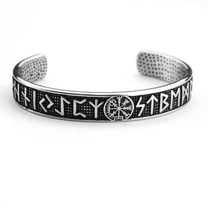 Men's Nordic Pirate Vintage Solid Stainless Steel Open C Cuff Bracelet, Engraved Viking Rune Symbols Adjustable Retro Bangle