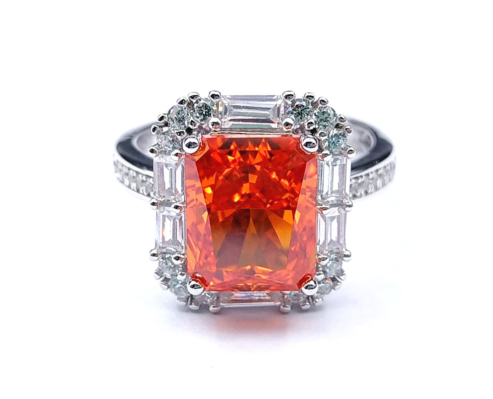 Women's White Gold Rectangle Ruby Adjustable Halo Ring
