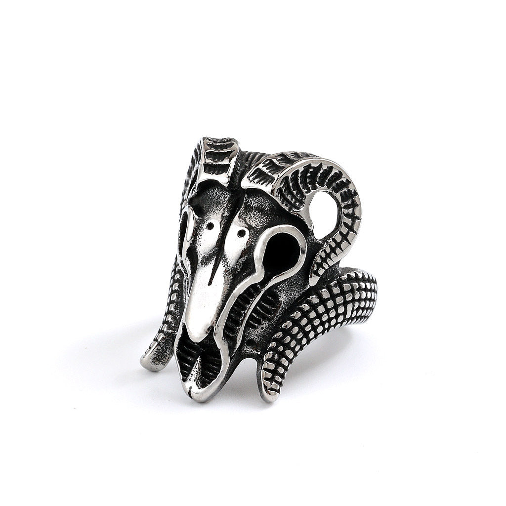 Vintage Solid Stainless Steel Punk Goat Skull Ring for Men