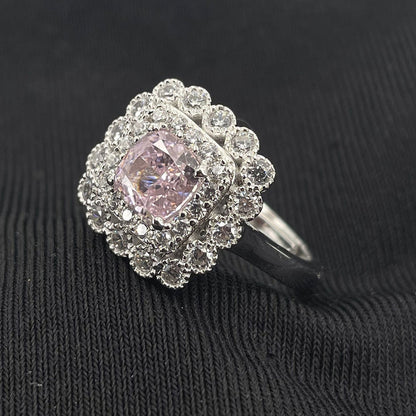Women's White Gold Cushion Shape Layered Stones Pink Gem Halo Adjustable  Ring