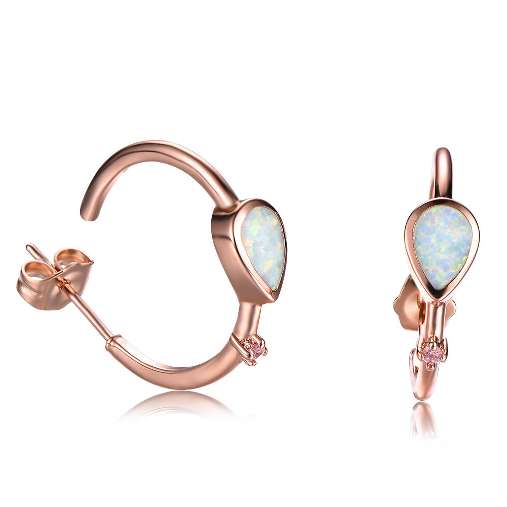 Women's C‑Shape Hoop Earrings, Teardrop Opal With Tiny Zirconia Accent