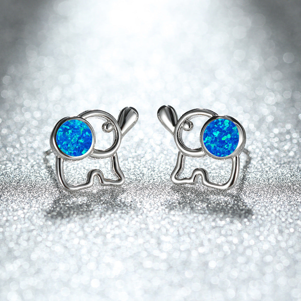 Women's Hollow Elephant‑Shape Stud Earrings, Blue Opal / White Opal Inlay