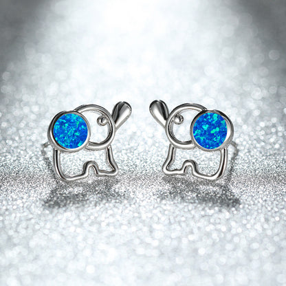 Women's Hollow Elephant‑Shape Stud Earrings, Blue Opal / White Opal Inlay