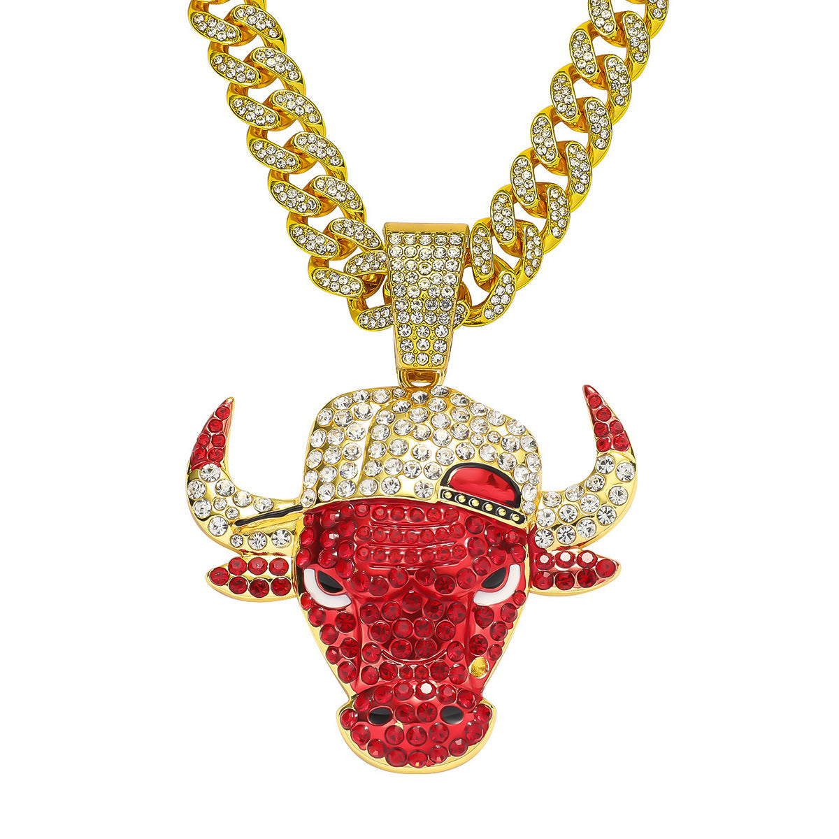 Hip-Hop Red Bull Head Cuban Chain Pendant Necklace