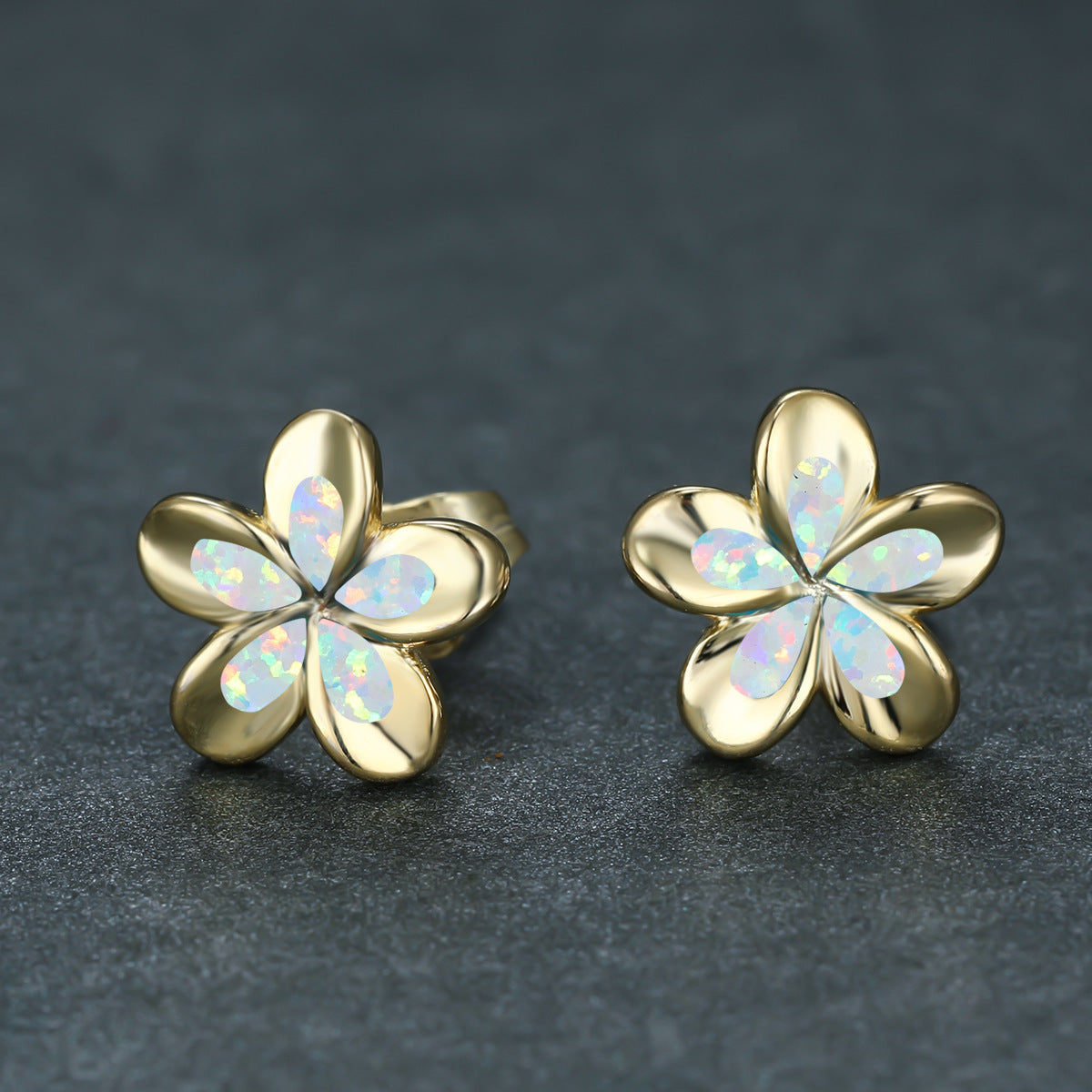 Women's 3D Five-Petal Flower Stud Earrings Inlaid With White & Blue Opal