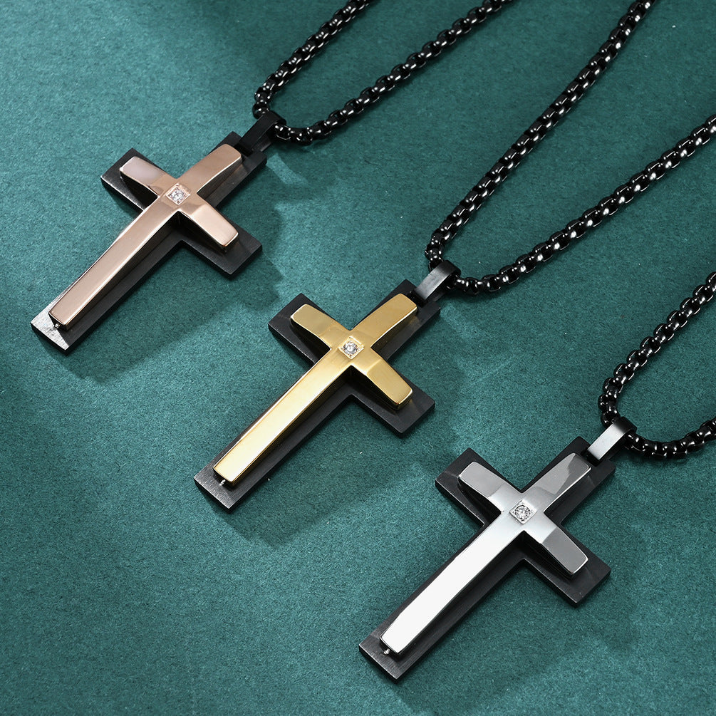 Men's Double-Layered Four-Sided Chamfered Zircon-Encrusted Cross Pendant Necklace