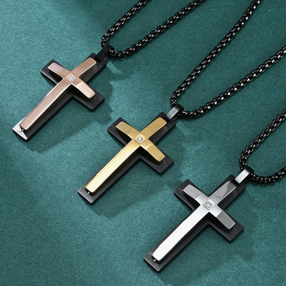 Men's Double-Layered Four-Sided Chamfered Zircon-Encrusted Cross Pendant Necklace