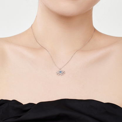 Women's Evil Eye Pendant Necklace, Round White Zirconia With Blue Accent, S925 with White Gold Plating