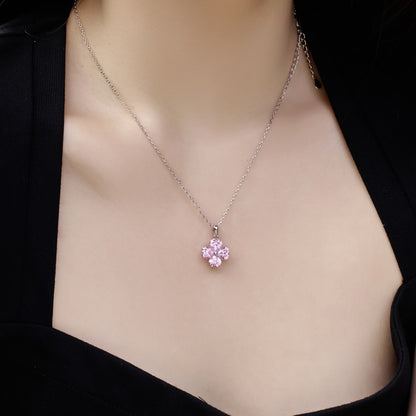 Women's Flower Pendant Necklace, Heart Shape Pink Sapphire Inlay, S925 with White Gold Platin