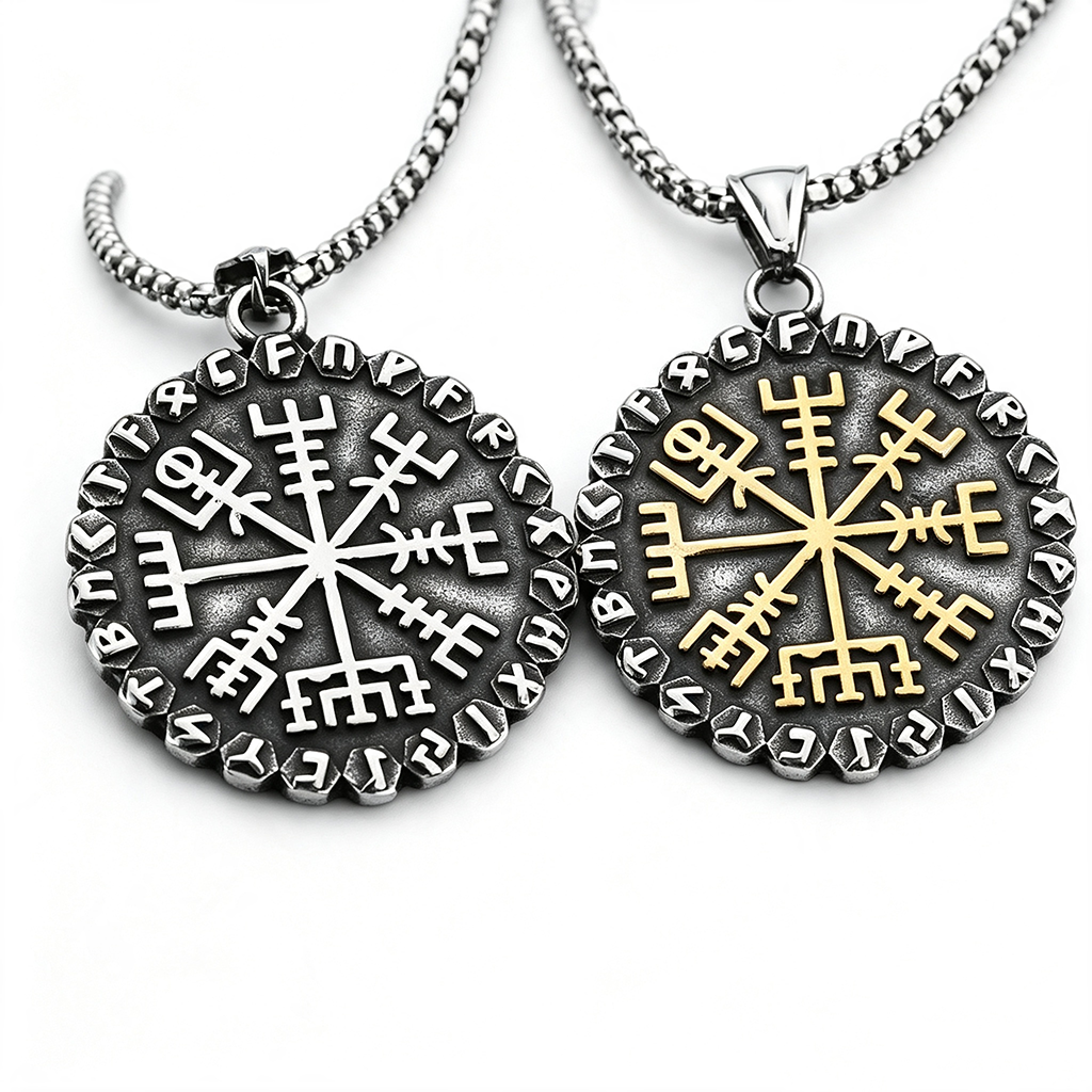 Vintage Nordic Stainless Steel Viking Compass Rune Pendant Necklace for Men
