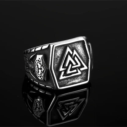 Vintage Antique Finish Stainless Steel Engraved Anchor Viking Triangle Symbol Hexagon Ring for Men