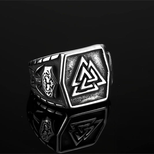 Vintage Antique Finish Stainless Steel Engraved Anchor Viking Triangle Symbol Hexagon Ring for Men