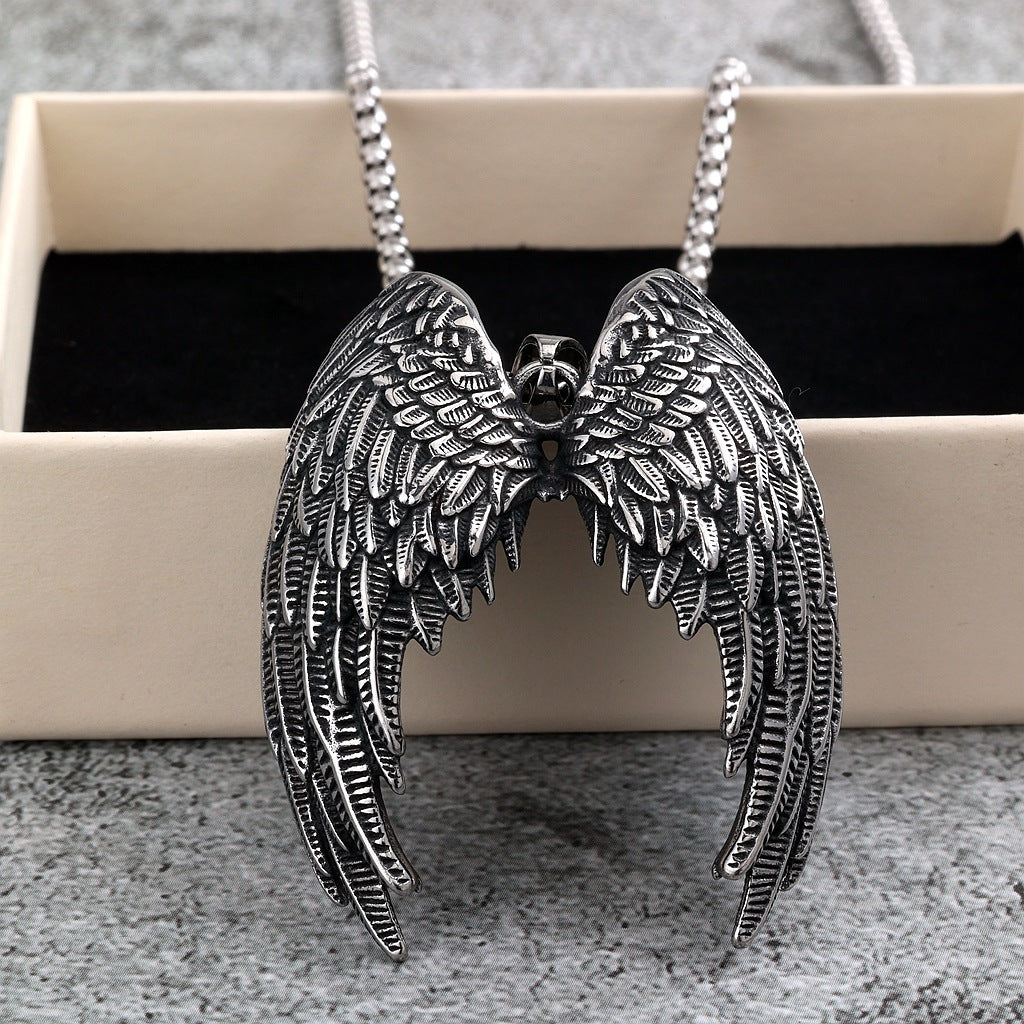 Vintage Stainless Steel Angel Wings Pendant Necklace for Men