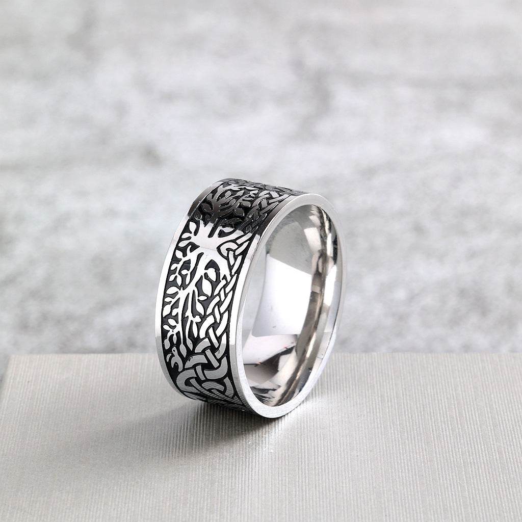 Vintage Solid Stainless Steel Celtic Knot Tree of Life Wide Band Ring for Men