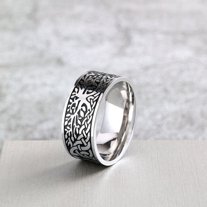 Vintage Solid Stainless Steel Celtic Knot Tree of Life Wide Band Ring for Men