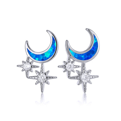 Women's Moon & Star Stud Earrings Inlaid with Blue Opal & White Opal and Round Zirconia
