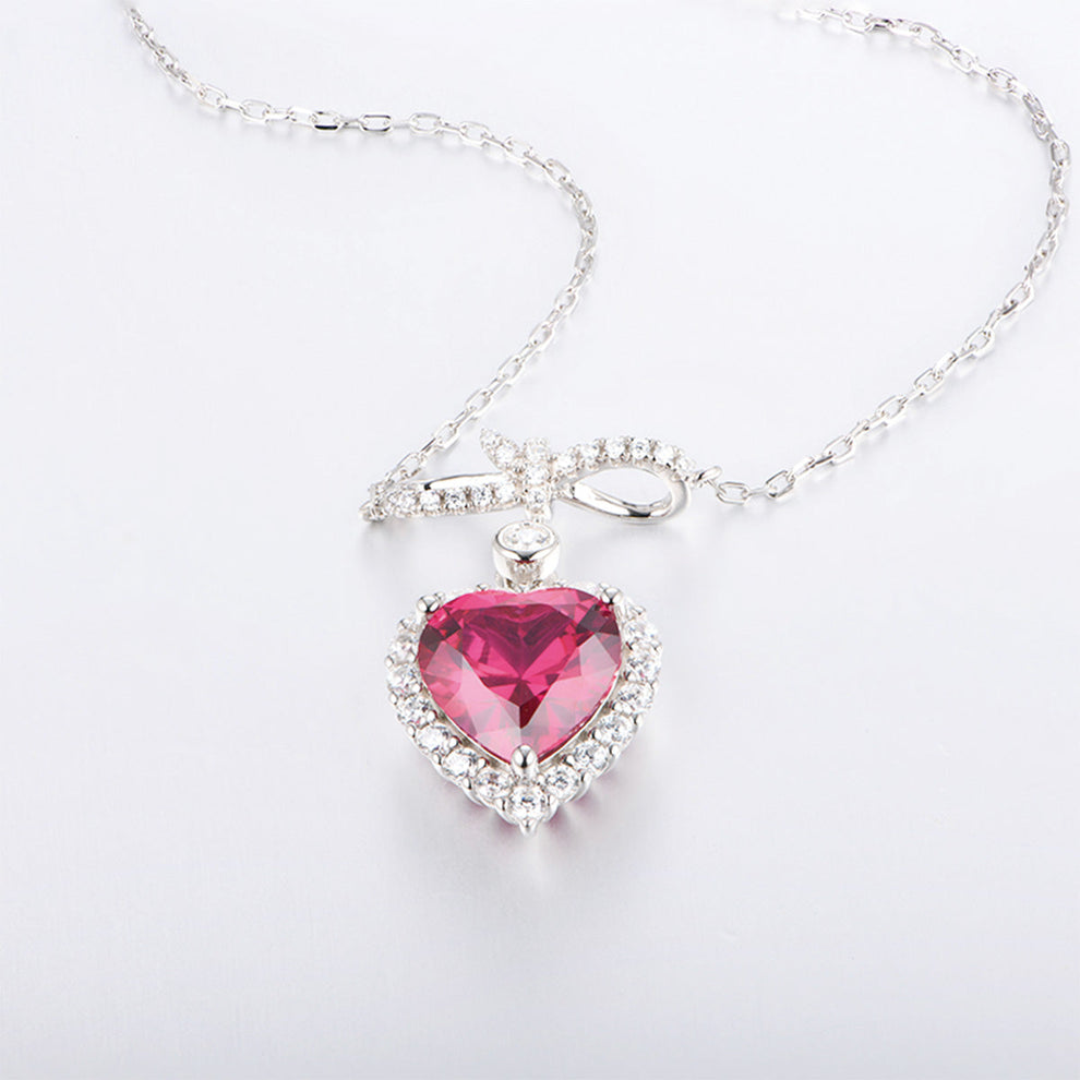 Women's Bow-knot Heart Ruby Gem Pendant with Worldwide Setting Full Diamond