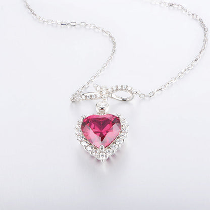 Women's Bow-knot Heart Ruby Gem Pendant with Worldwide Setting Full Diamond
