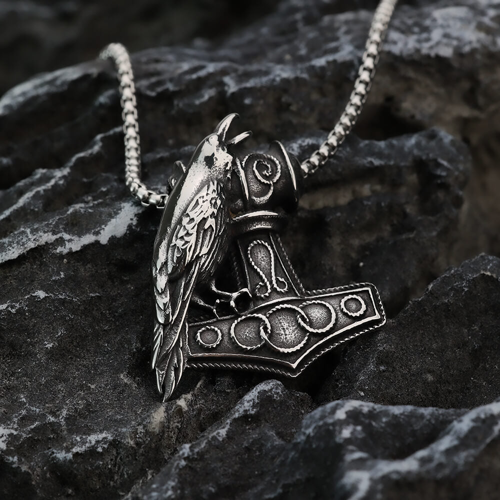 Vintage Stainless Steel Viking Raven and Anchor Combo Pendant Necklace for Men