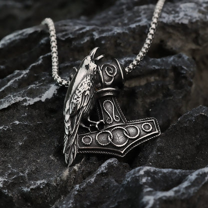 Vintage Stainless Steel Viking Raven and Anchor Combo Pendant Necklace for Men