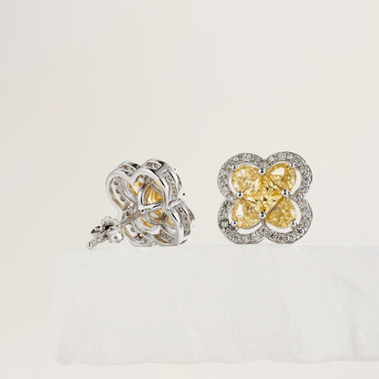 Women's Clover Halo Stud Earrings, Heart‑Shape Yellow Sapphire, S925 with White Gold Plating