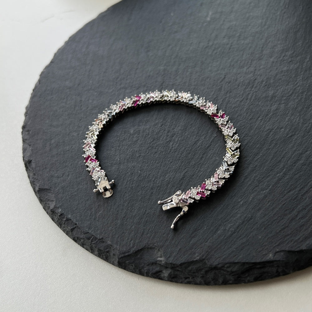 Women's Tennis Bracelet, Rainbow Multicolor Bagu‑Cut Rectangular Zirconia Inlay, S925 with White Gold Plating