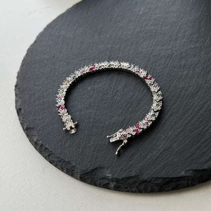 Women's Tennis Bracelet, Rainbow Multicolor Bagu‑Cut Rectangular Zirconia Inlay, S925 with White Gold Plating
