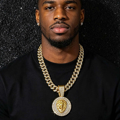 Hip-Hop Style Round Lion Head Animal Cuban Chain Pendant Necklace