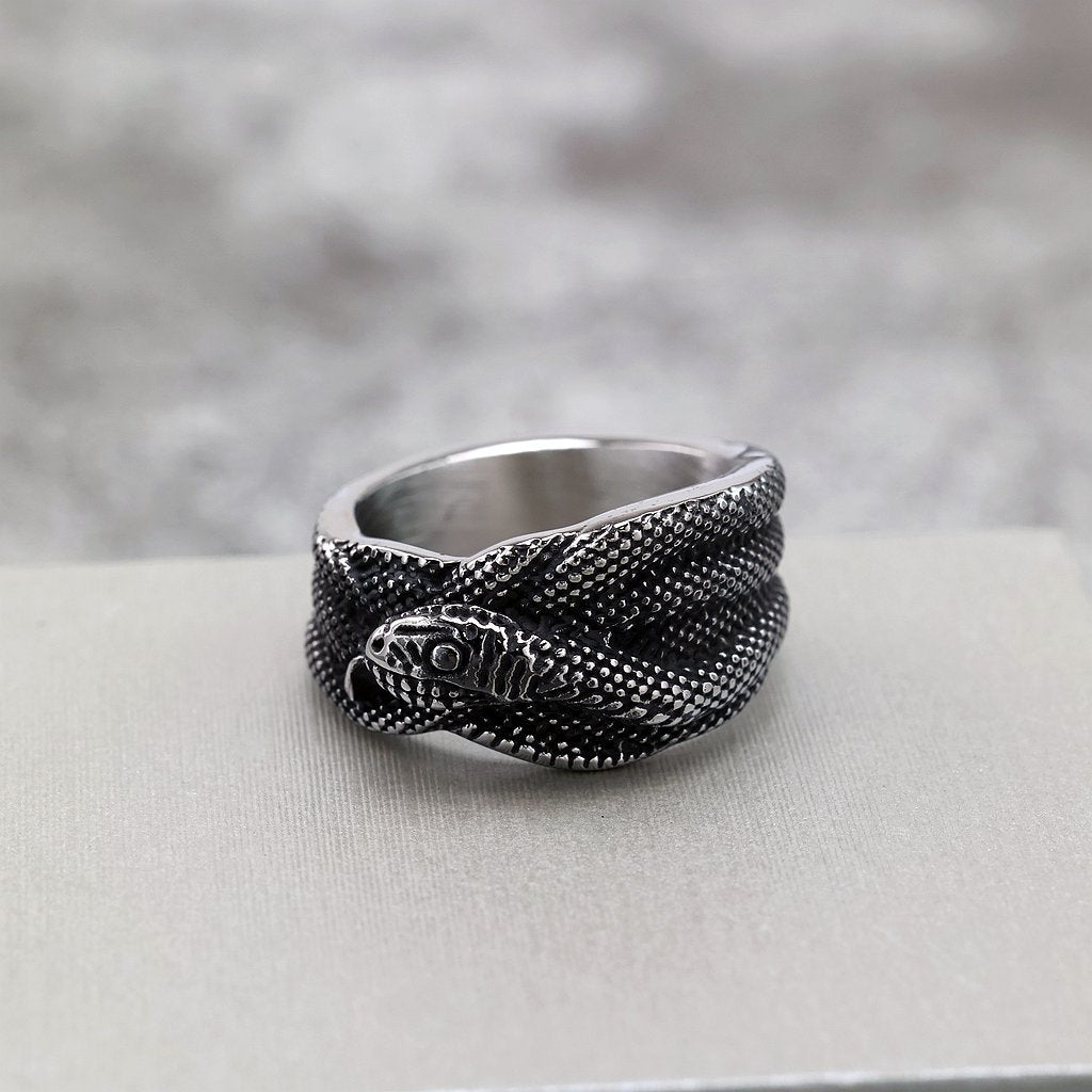 Vintage Solid Stainless Steel Antique Finish Wrapped Snake Band Ring for Men