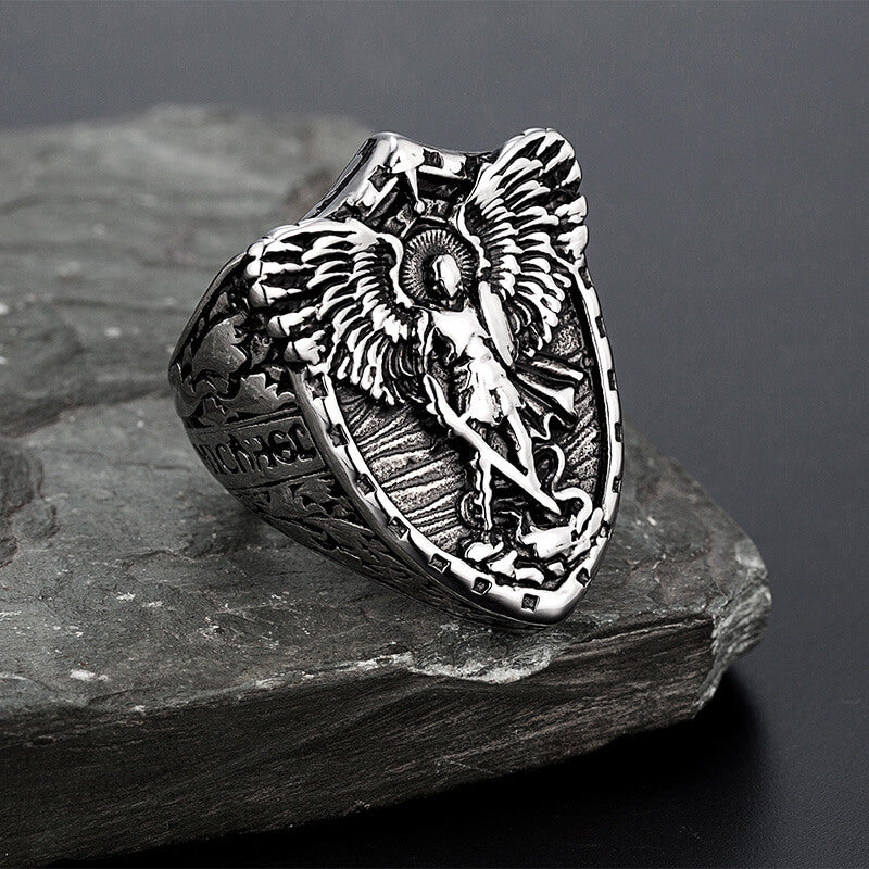 Vintage Solid Stainless Steel Punk St. Michael Dragon Slayer Ring for Men