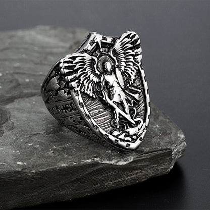 Vintage Solid Stainless Steel Punk St. Michael Dragon Slayer Ring for Men