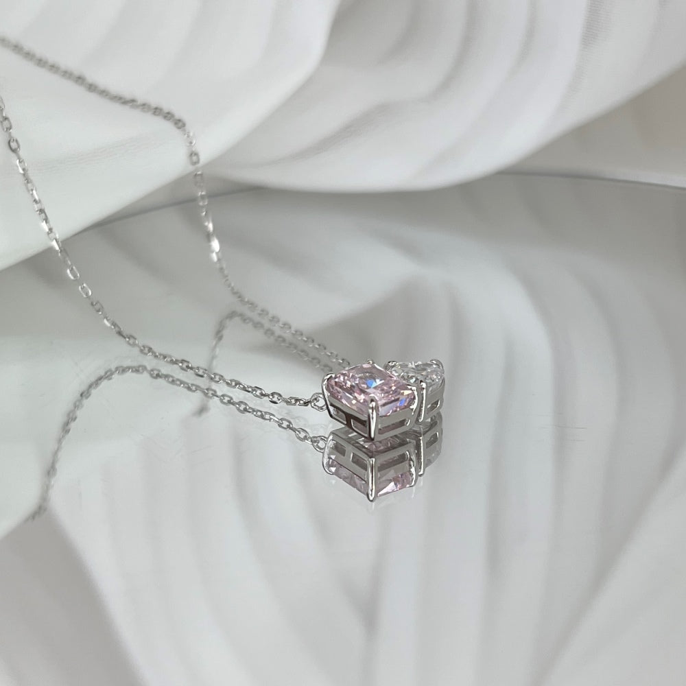 Women's Dual‑Main‑Stone Pendant Necklace, Heart Shape Zirconia & Pink Sapphire Inlay, S925 with White Gold Plating
