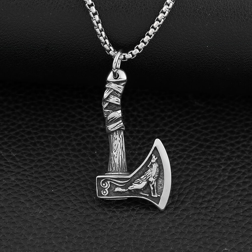 Men's Steel Viking Wolf Axe Pendant Necklace