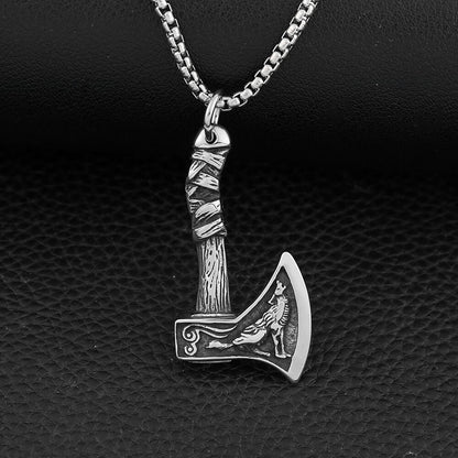 Men's Steel Viking Wolf Axe Pendant Necklace