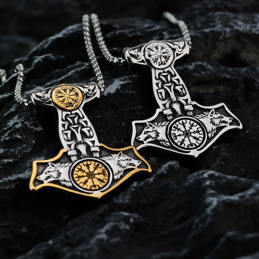 Norse Stainless Steel Men's Viking Double Sided Solid Double Wolf Pendant Necklace