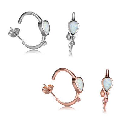 Women's C‑Shape Hoop Earrings, Teardrop Opal With Tiny Zirconia Accent