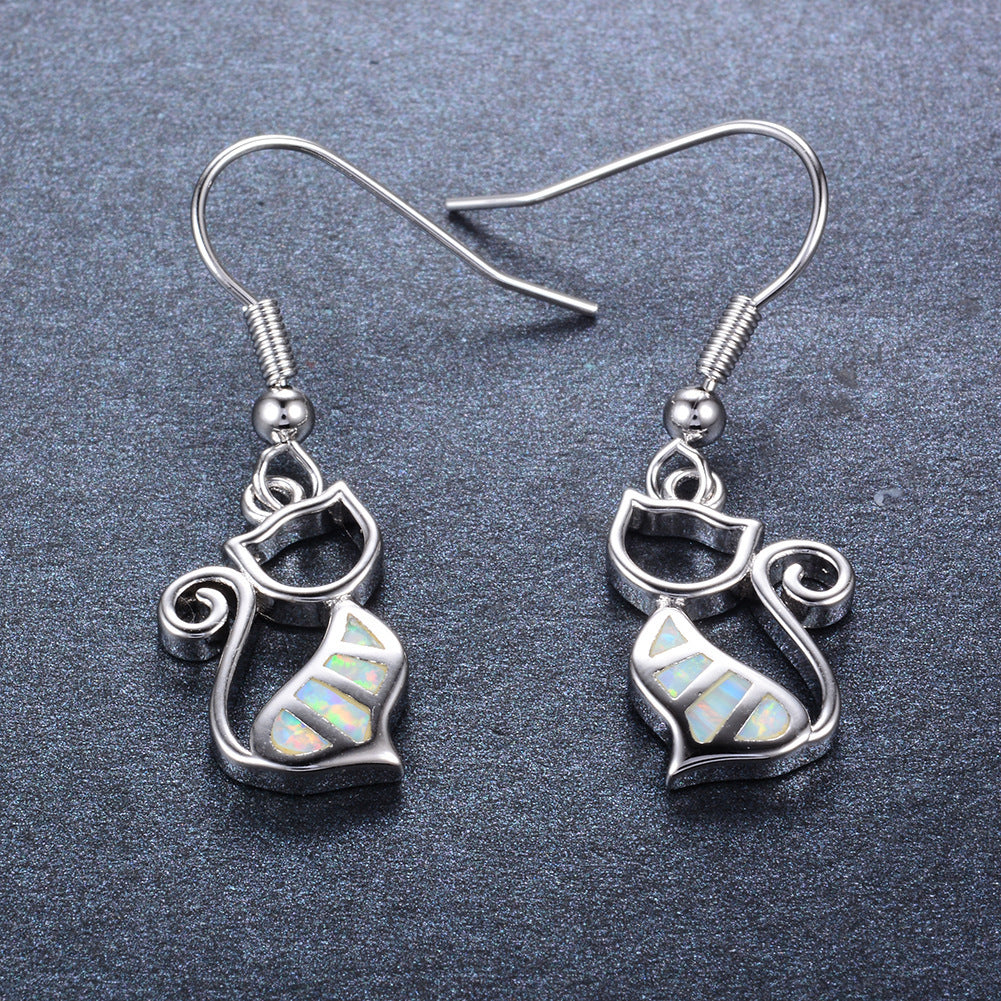 Women's Hollow Cat Blue & White Opal Dangle Earrings, White Gold Plating